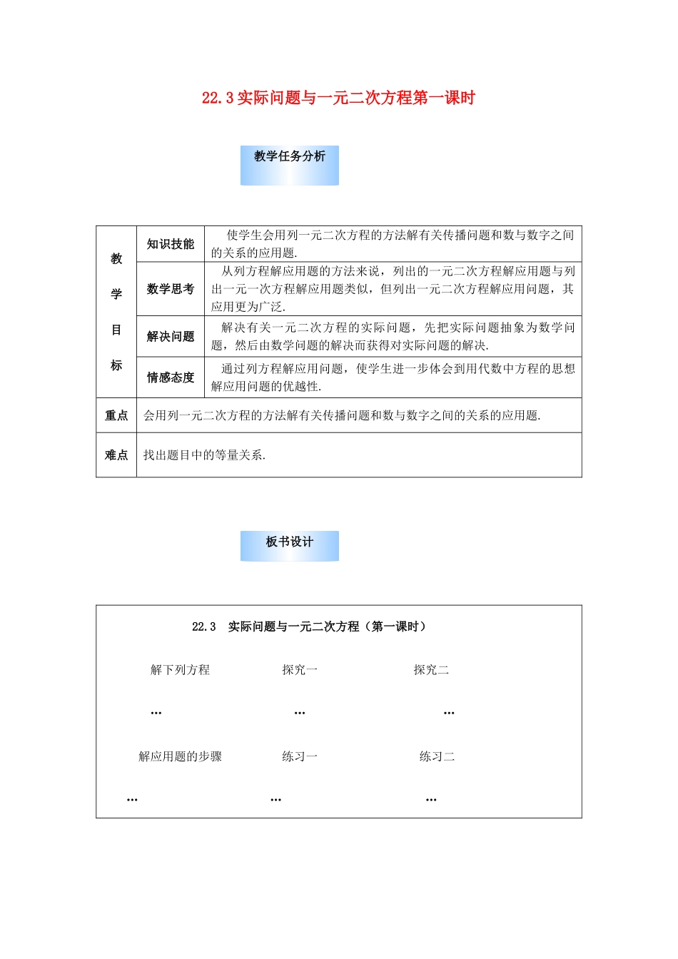 九年级数学上册 第二十二章　一元二次方程 22．3　实际问题与一元二次方程名师教案3 人教新课标版_第1页