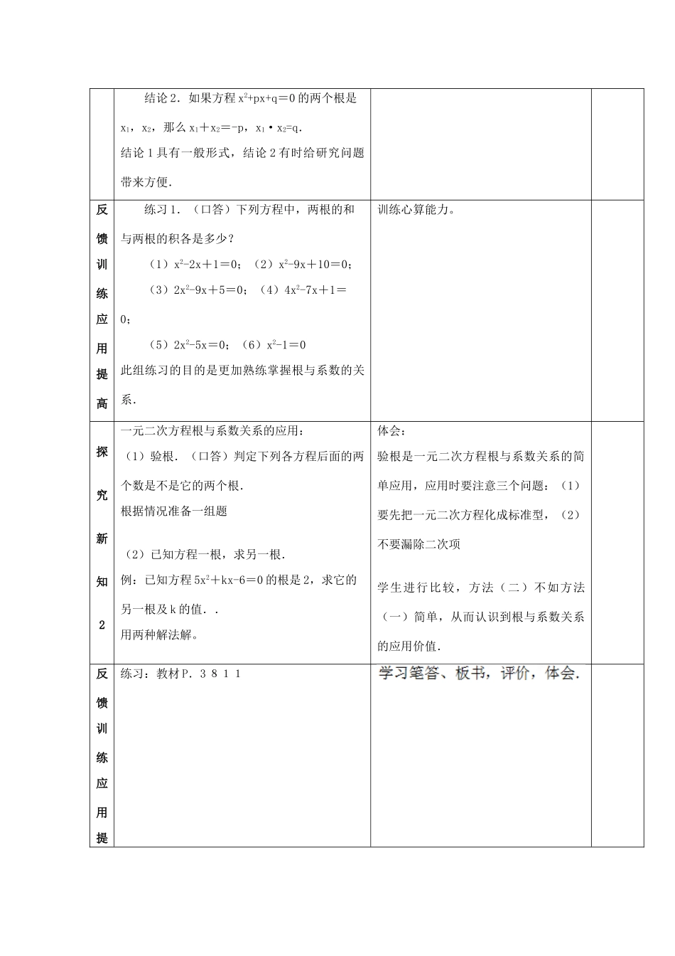 江苏省太仓市浮桥中学九年级数学上册 一元二次方程根与系数的关系（第1课时）教案 苏科版_第2页