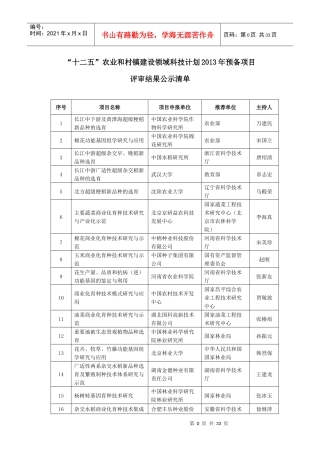 农业和村镇建设领域科技计划XXXX年预备项目