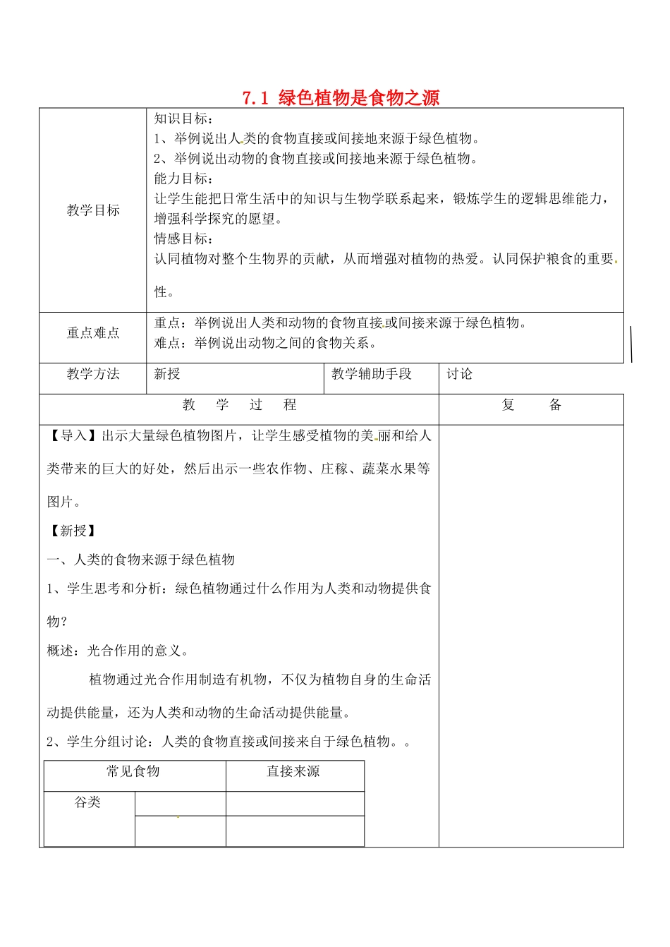 江苏省南京市上元中学七年级生物上册 7.1 绿色植物是食物之源教案 苏教版_第1页