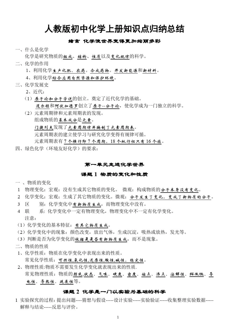 人教版化学知识点(按章节)_第1页