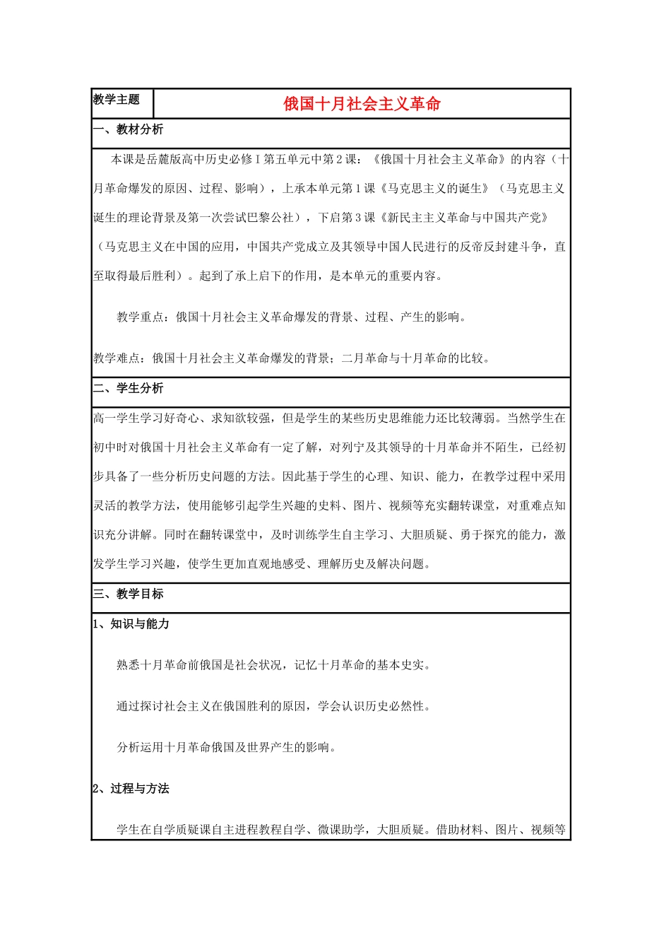 高中历史 第19课 俄国十月社会主义革命教案12 岳麓版必修1-岳麓版高一必修1历史教案_第1页