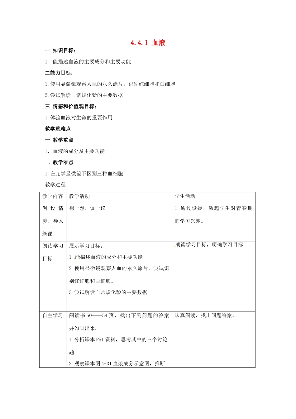 湖南省长沙市长郡芙蓉中学七年级生物下册《4.4.1 血液》教案 新人教版_第1页