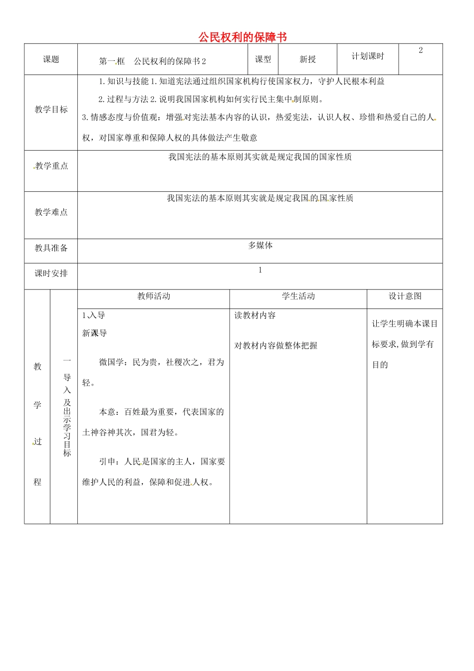 云南省昆明市东川区八年级道德与法治下册 第一单元 坚持宪法至上 第一课 维护宪法权威 第1框 公民权利的保障书教案1 新人教版-新人教版初中八年级下册政治教案_第1页
