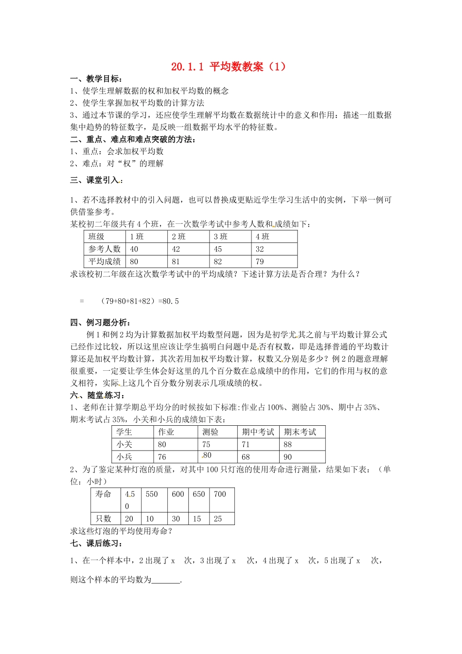 吉林省伊通县实验中学八年级数学下册 20.1.1 平均数教案（1） 新人教版_第1页