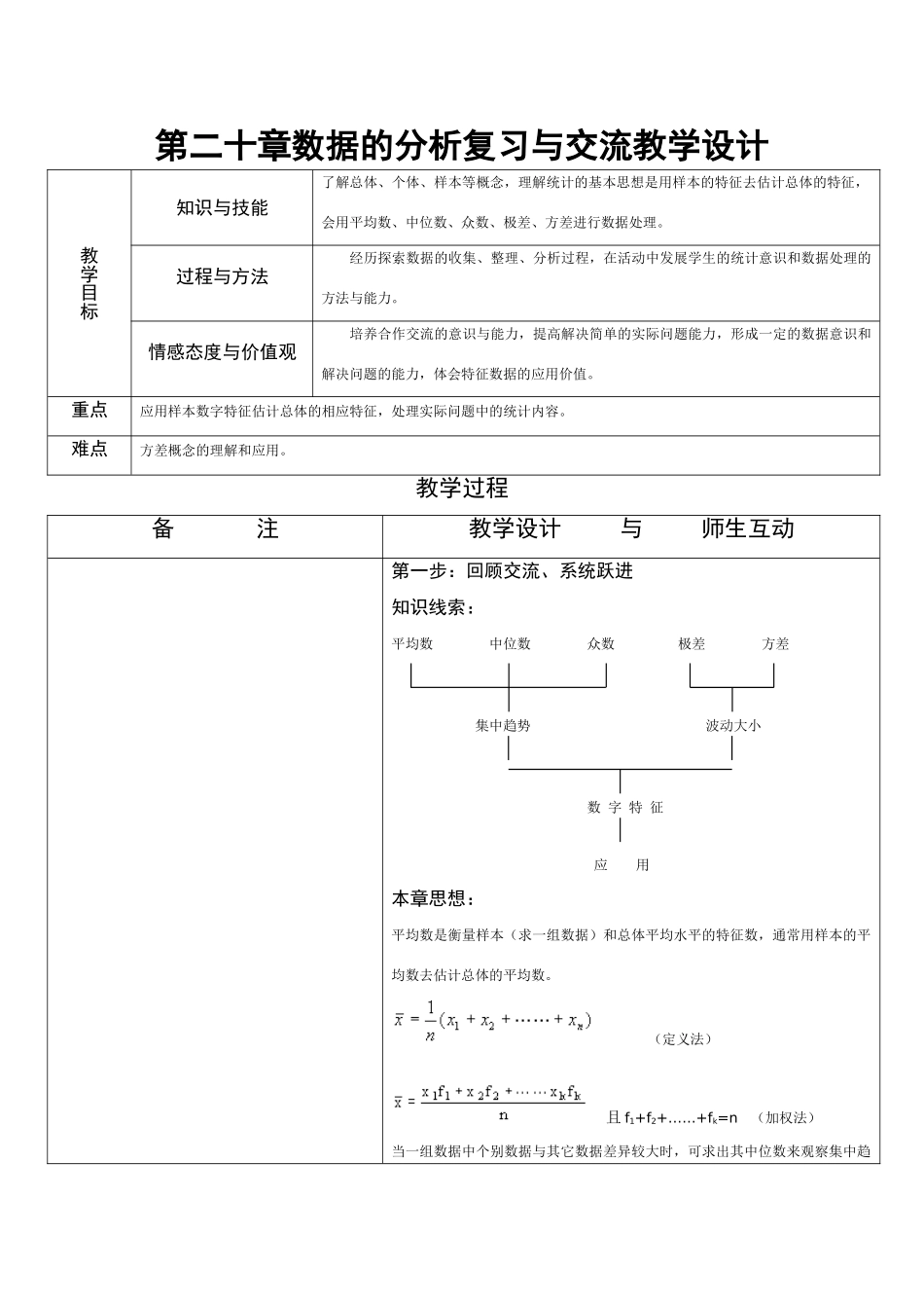 八年级数学第二十章数据的分析复习与交流教学设计_第1页