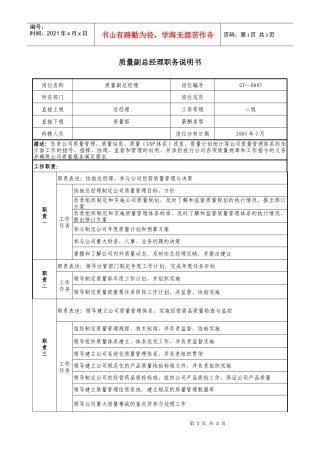 医药公司质量副总经理职务说明书