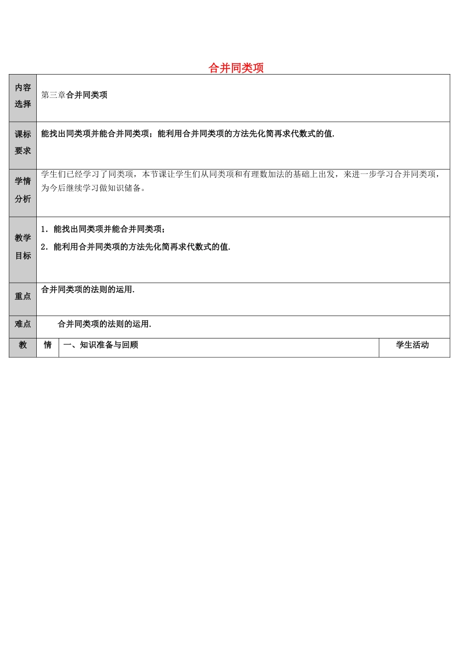 吉林省长春净月高新技术产业开发区七年级数学上册 第3章 整式的加减 3.4 整式的加减 3.4.2 合并同类项教案 （新版）华东师大版-（新版）华东师大版初中七年级上册数学教案_第1页