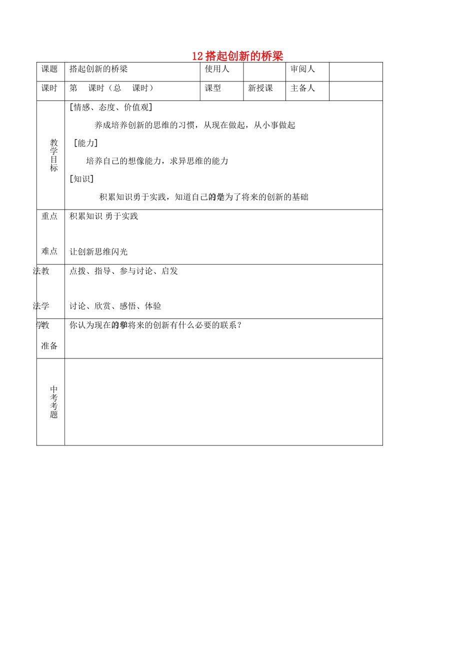 八年级思品下册 12搭起创新的桥梁同步教案 鲁教版_第1页
