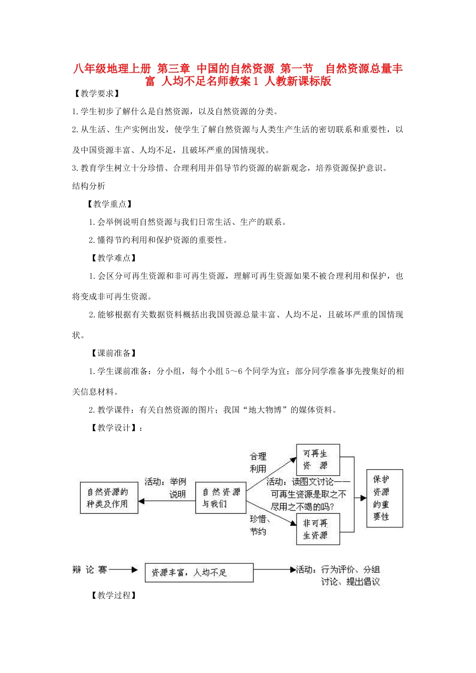 八年级地理上册 第三章 中国的自然资源 第一节　自然资源总量丰富 人均不足名师教案1 人教新课标版_第1页