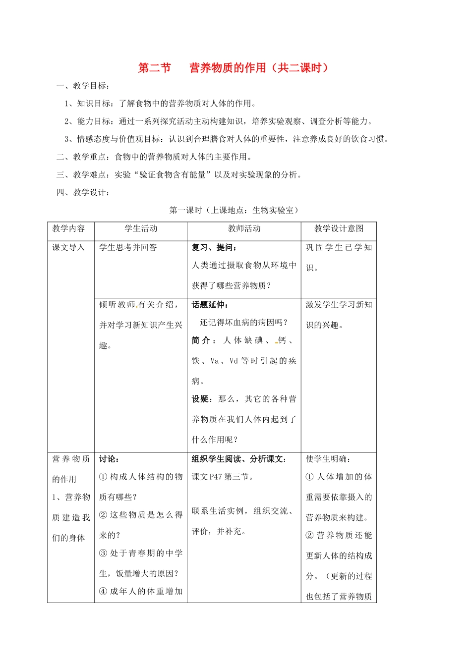 江苏省太仓市七年级生物上册 第五章 第二节 营养物质的作用教案 （新版）苏科版-（新版）苏科版初中七年级上册生物教案_第1页