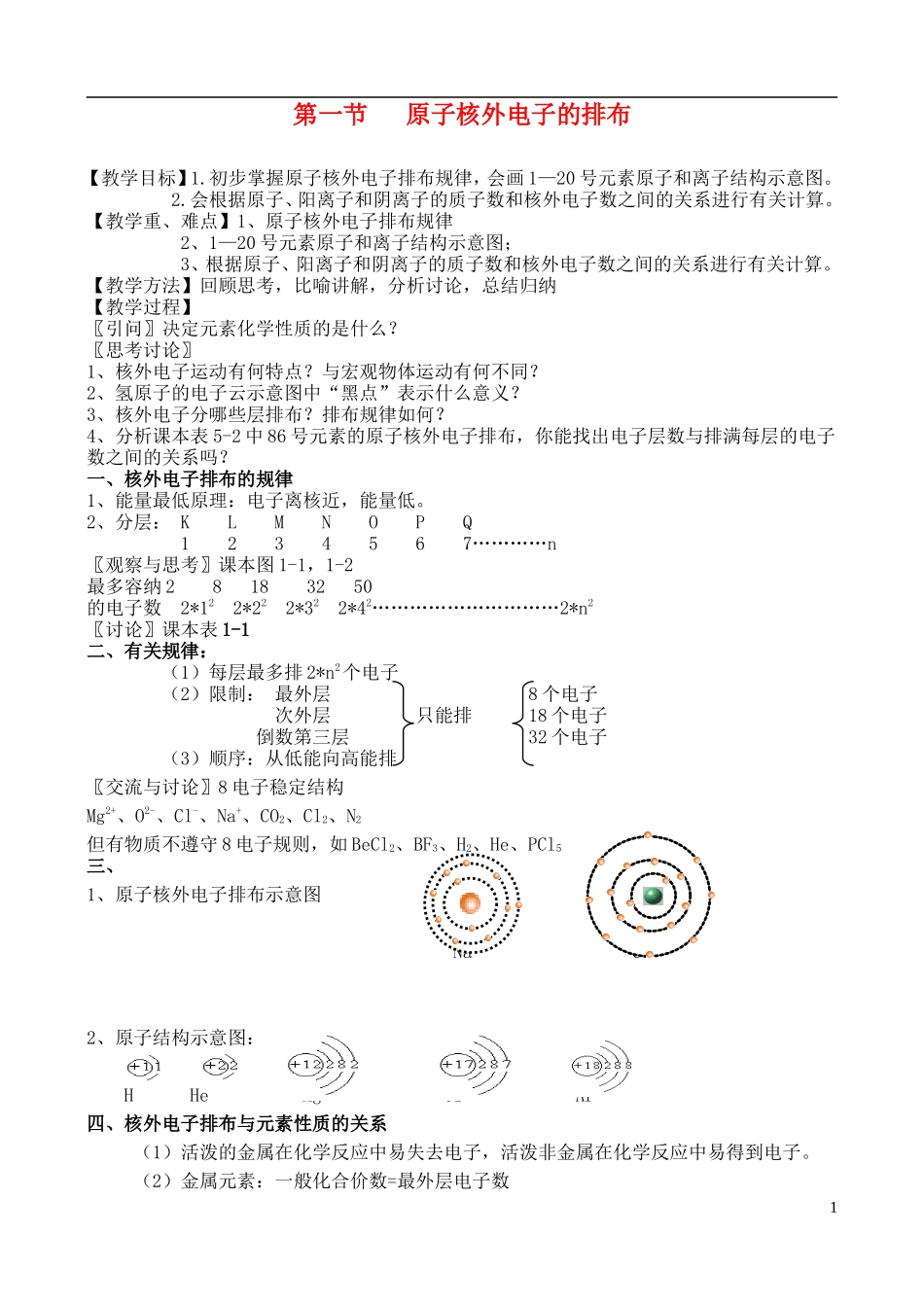 高中化学 第一节 原子核外电子的排布教案 苏教版必修2_第1页