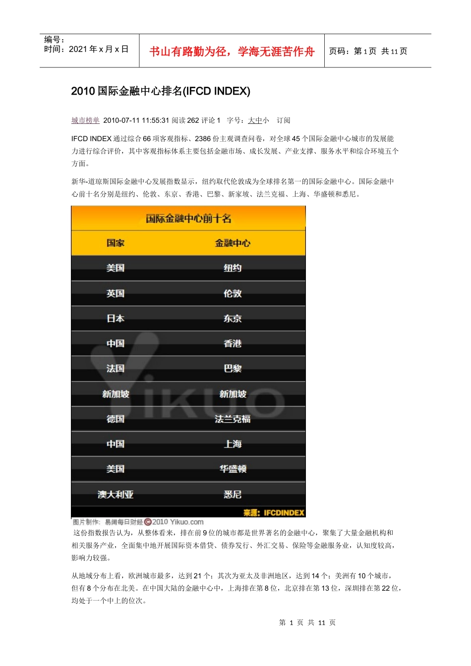XXXX国际金融中心排名(IFCD INDEX)_第1页
