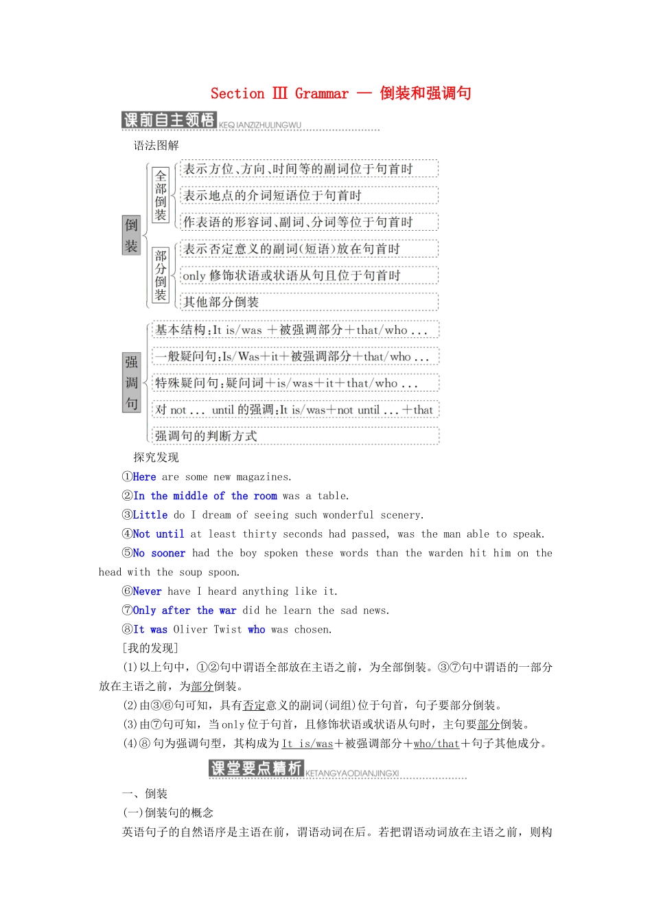 高中英语 Module 3 Literature Section Ⅲ Grammar — 倒装和强调句教案（含解析）外研版选修7-外研版高二选修7英语教案_第1页