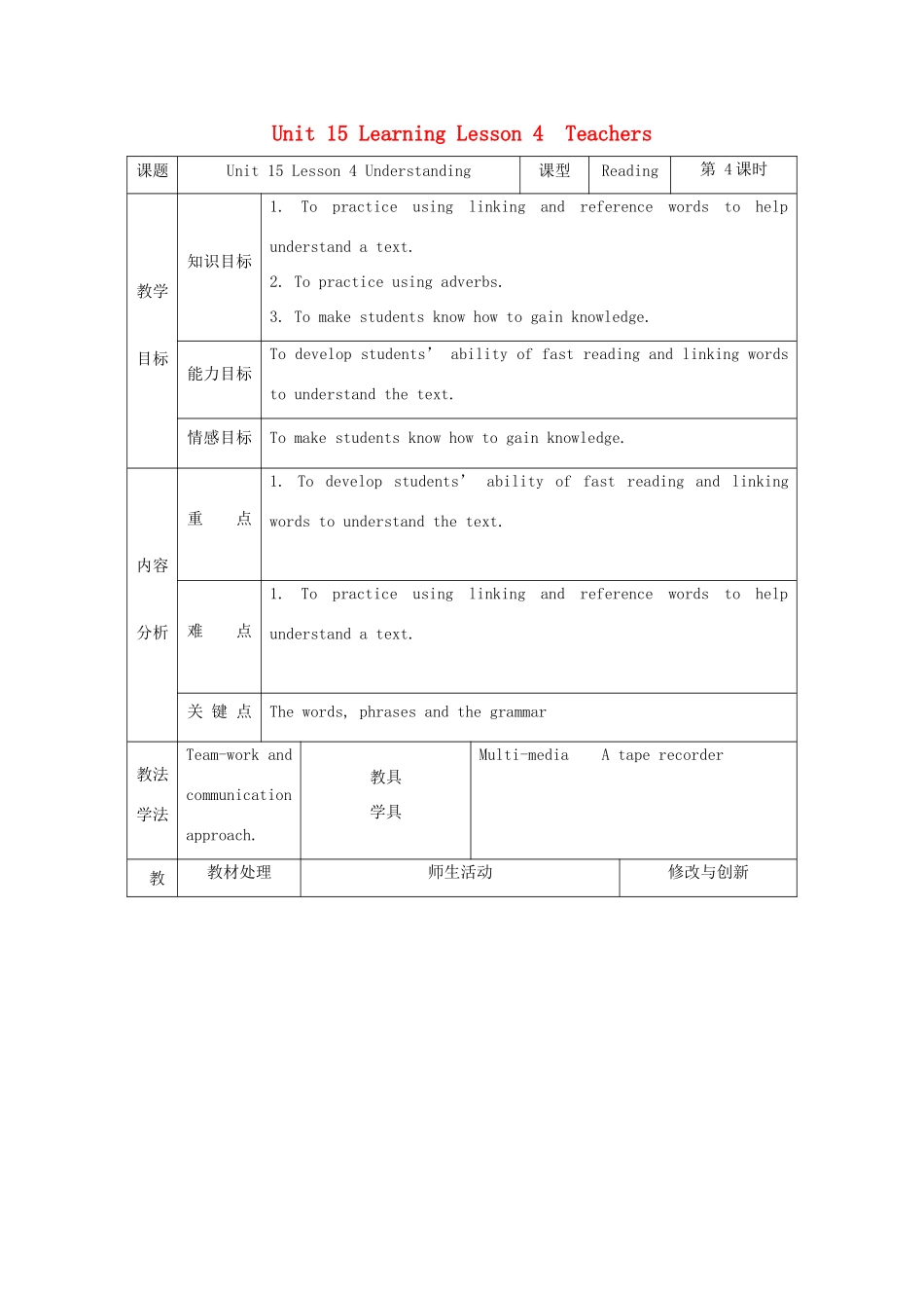 高中英语 Unit 15 Learning Lesson 4  Teachers教案 北师大版必修5-北师大版高二必修5英语教案_第1页