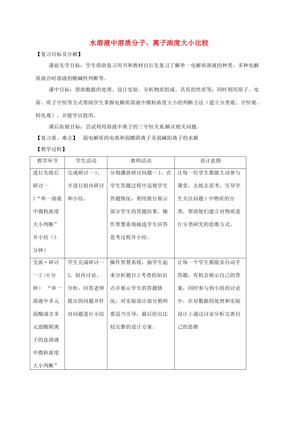 福建省上杭县高三化学 水溶液中溶质分子、离子浓度大小比较专题复习教学设计-人教版高三全册化学教案_第1页