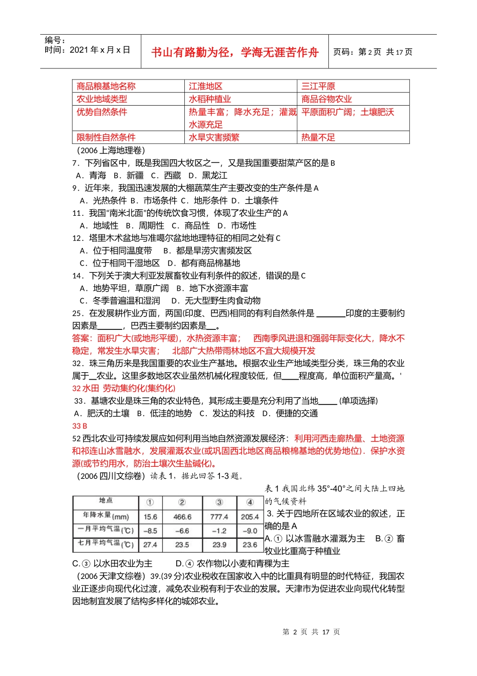 全国各地高考地理--农业测试题_第2页