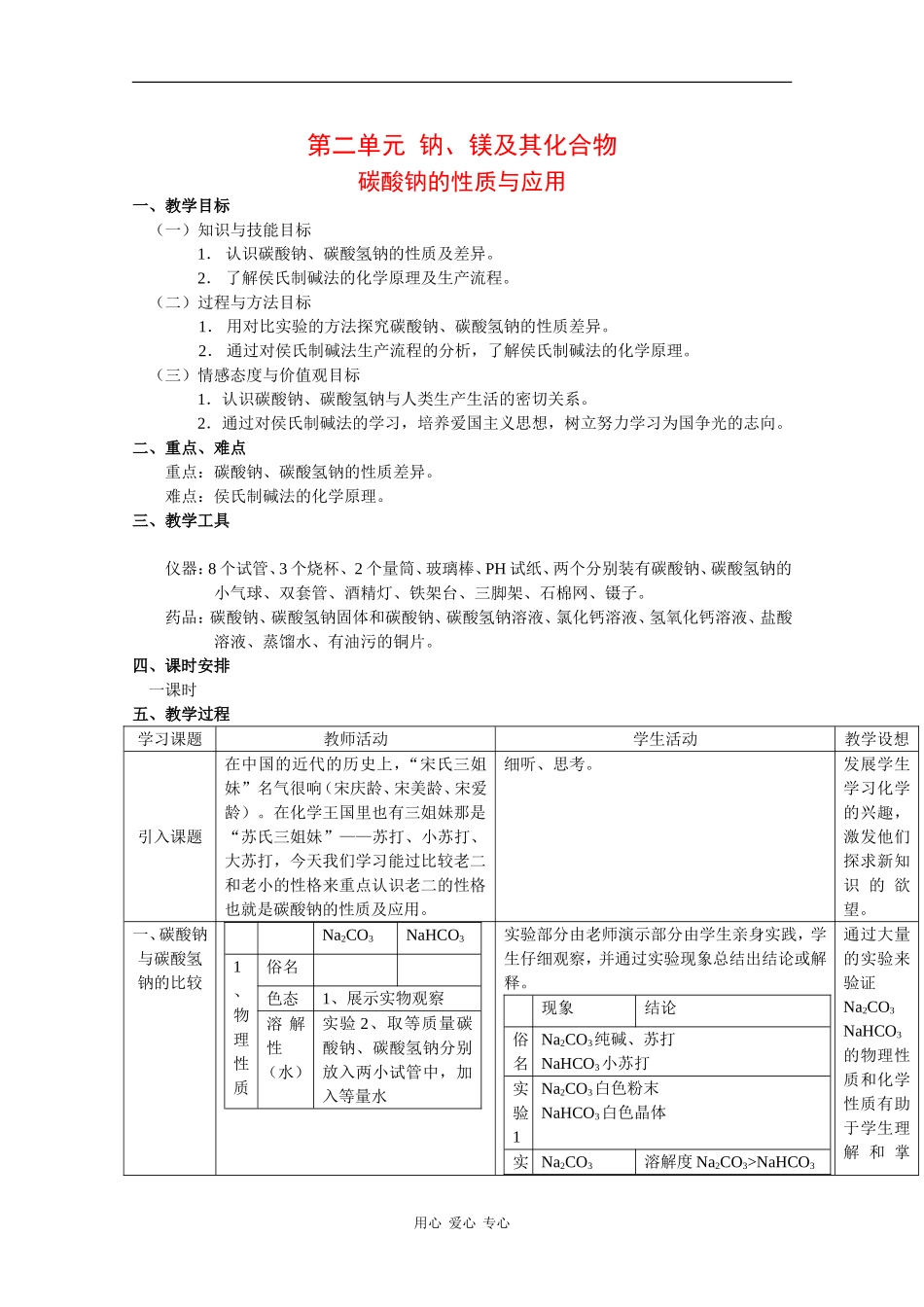 高中化学：2.2.2 碳酸钠的性质与应用 教案（苏教版必修1）_第1页