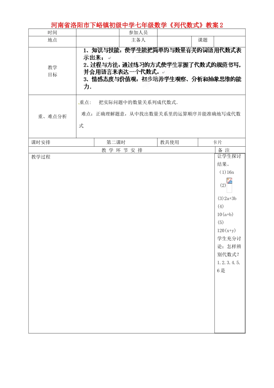 河南省洛阳市下峪镇初级中学七年级数学《列代数式》教案2_第1页