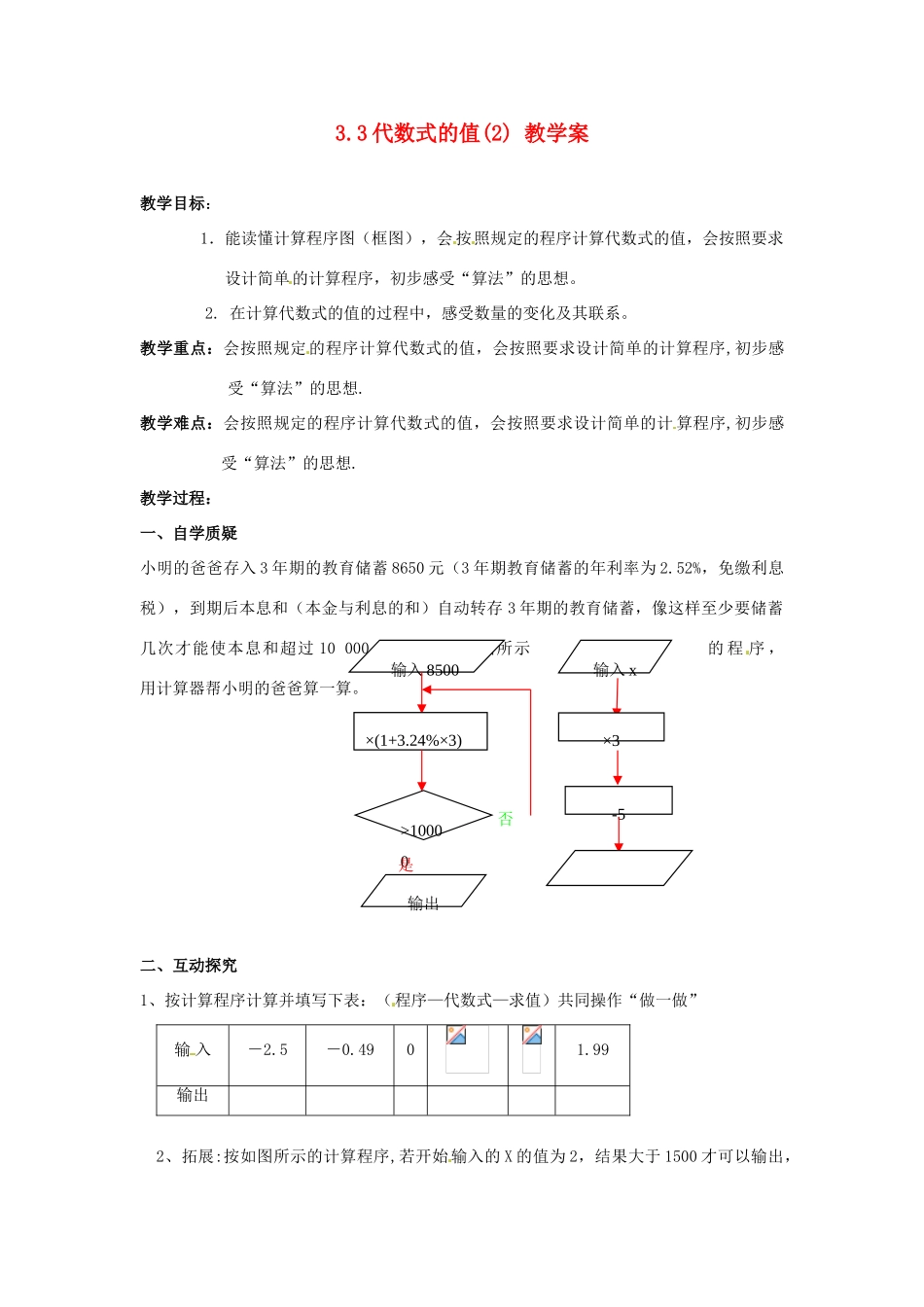 江苏省灌云县穆圩中学七年级数学上册 3.3 代数式的值教学案（2） 苏科版_第1页