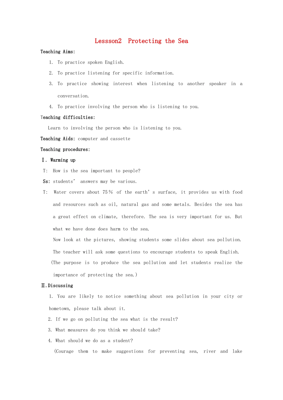 高中英语 Unit7 lesson2 Protecting the sea教案 北师大版必修3_第1页