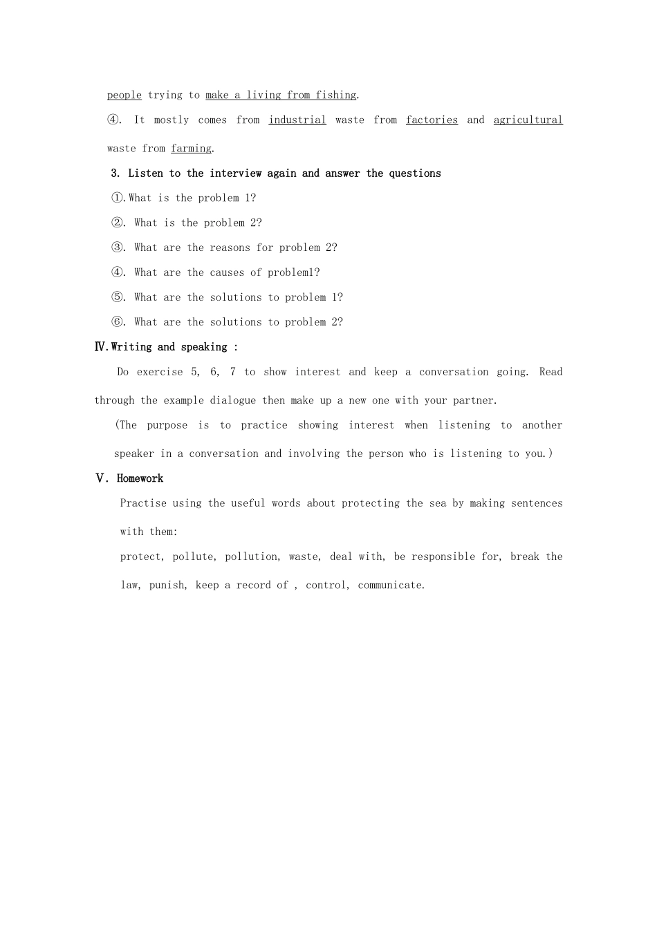 高中英语 Unit7 lesson2 Protecting the sea教案 北师大版必修3_第3页