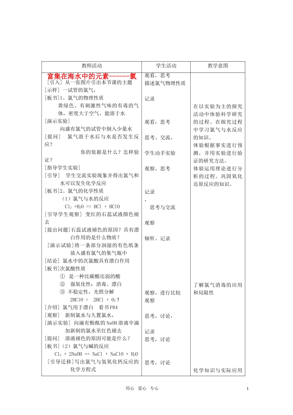 高中化学《富集在海水中的元素—氯》教案22 新人教版必修1_第1页