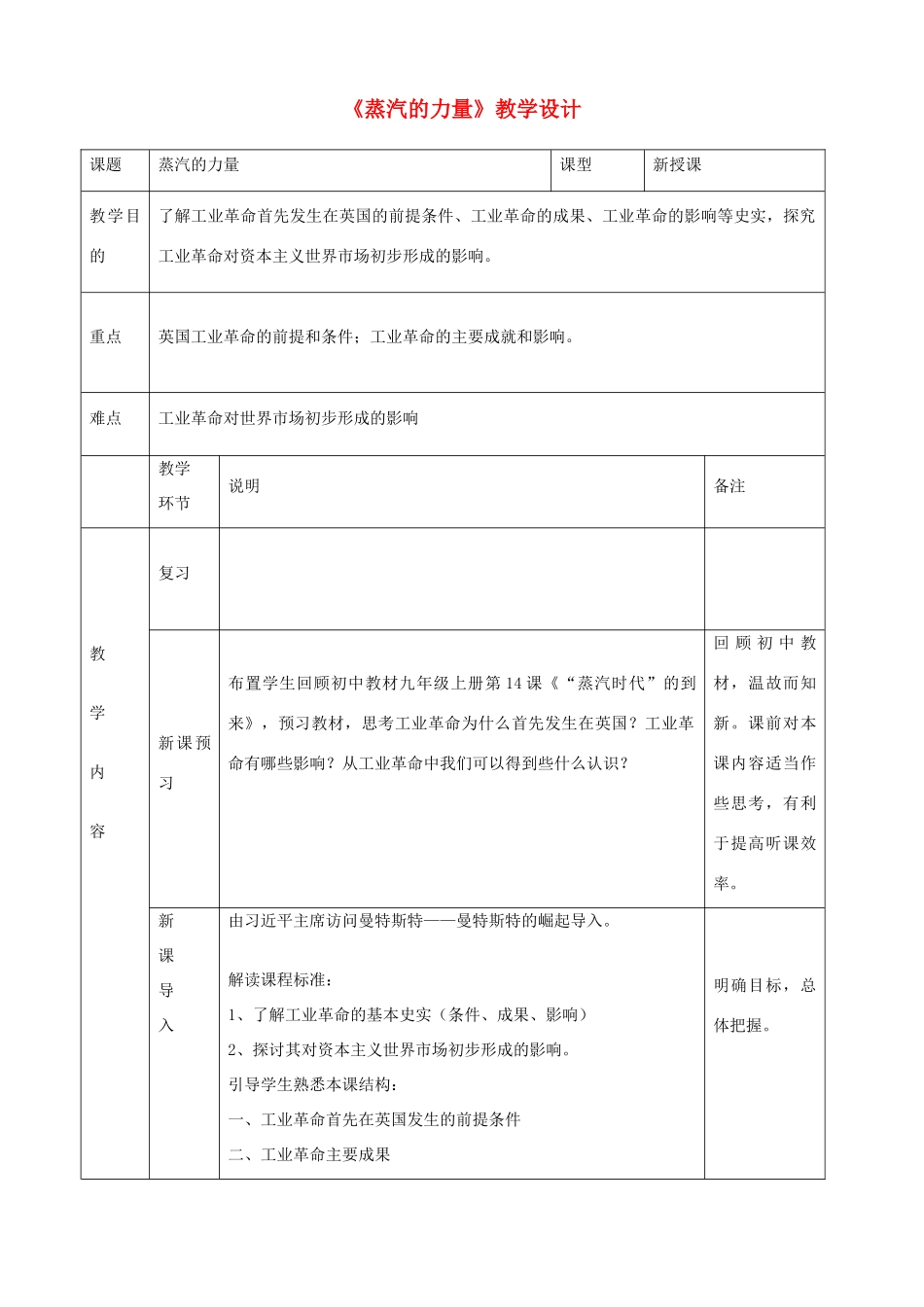 高中历史《蒸汽的力量》教学设计 人民版必修2-人民版高一必修2历史教案_第1页