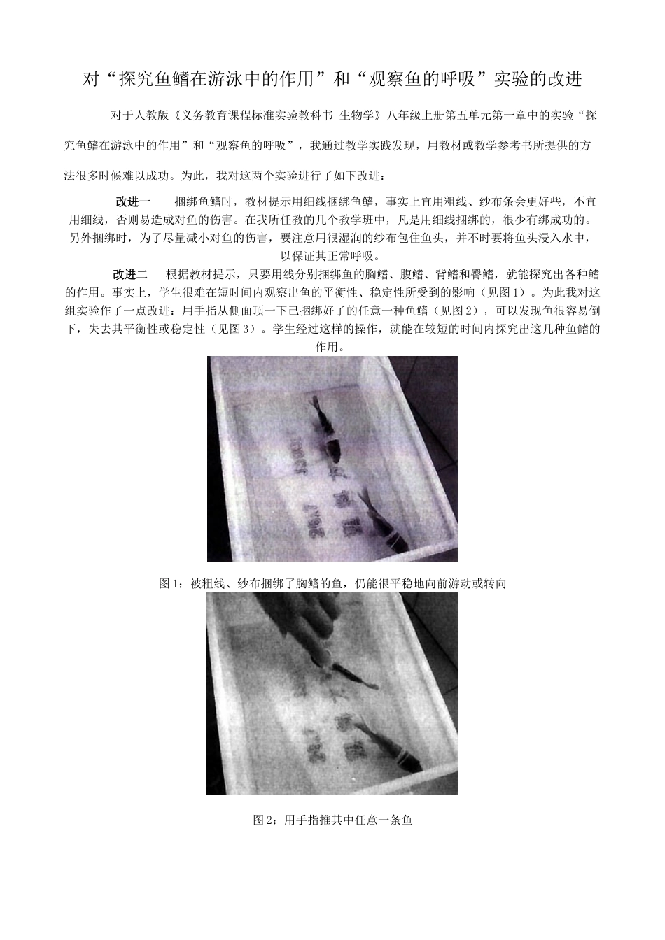 八年级生物新人教版对“探究鱼鳍在游泳中的作用”和“观察鱼的呼吸”实验的改进_第1页