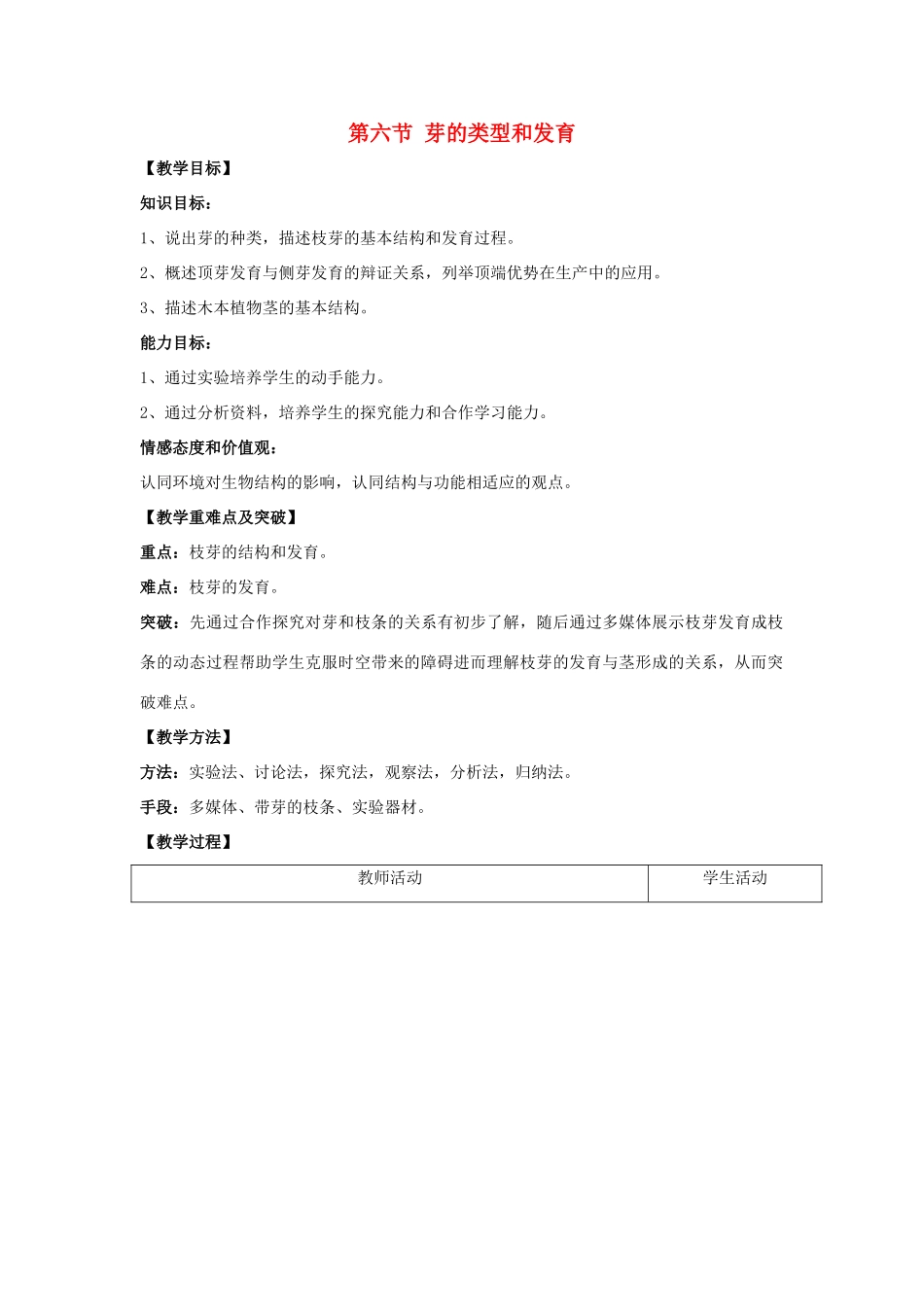 八年级生物上册 第四单元 第一章 第6节《芽的类型和发育》教案 （新版）济南版-（新版）济南版初中八年级上册生物教案_第1页