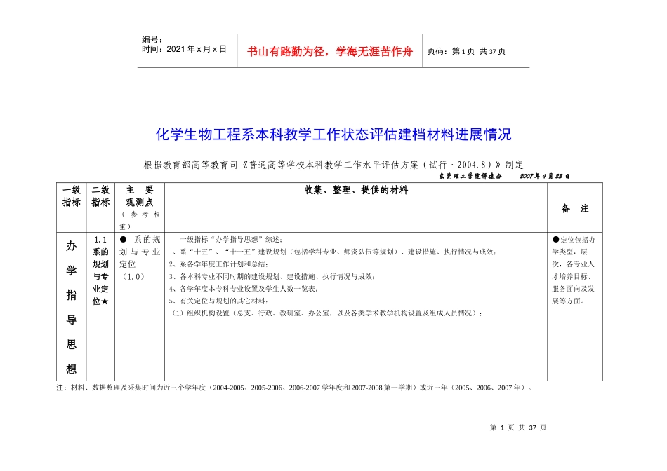 化学生物工程系本科教学工作状态评估建档材料进展情况_第1页