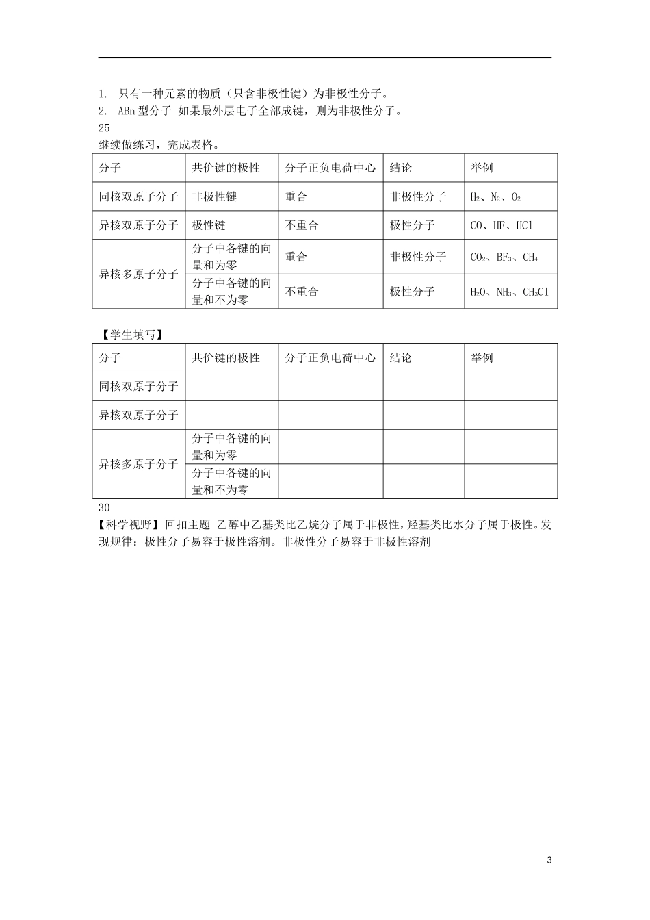 高中化学上学期第十七周 键的极性和分子极性教学设计-人教版高中全册化学教案_第3页