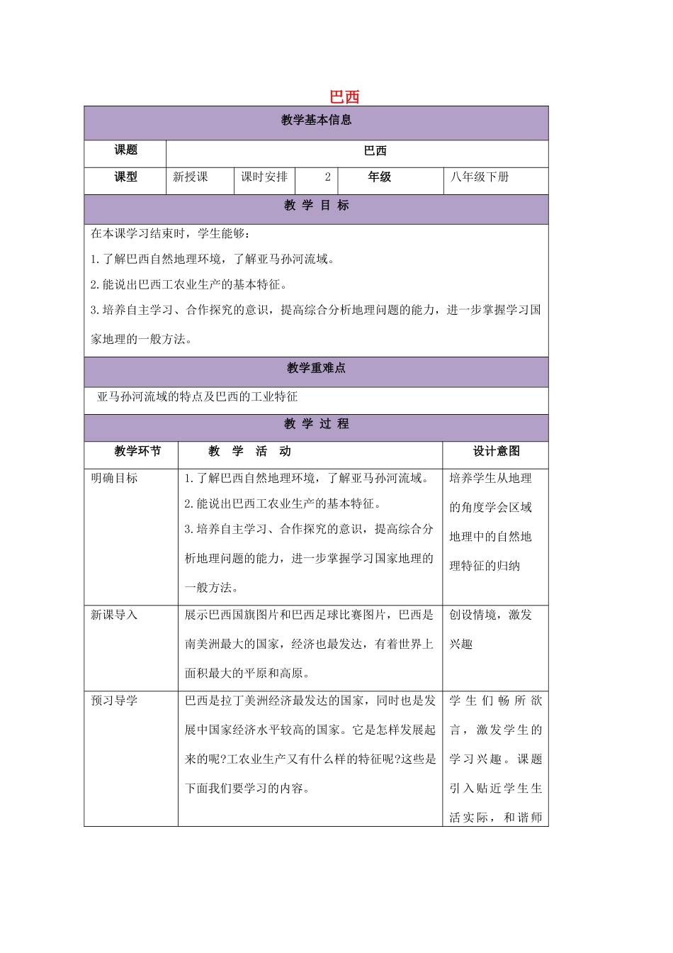 八年级地理下册 7.4巴西教案2 中图版-中图版初中八年级下册地理教案_第1页