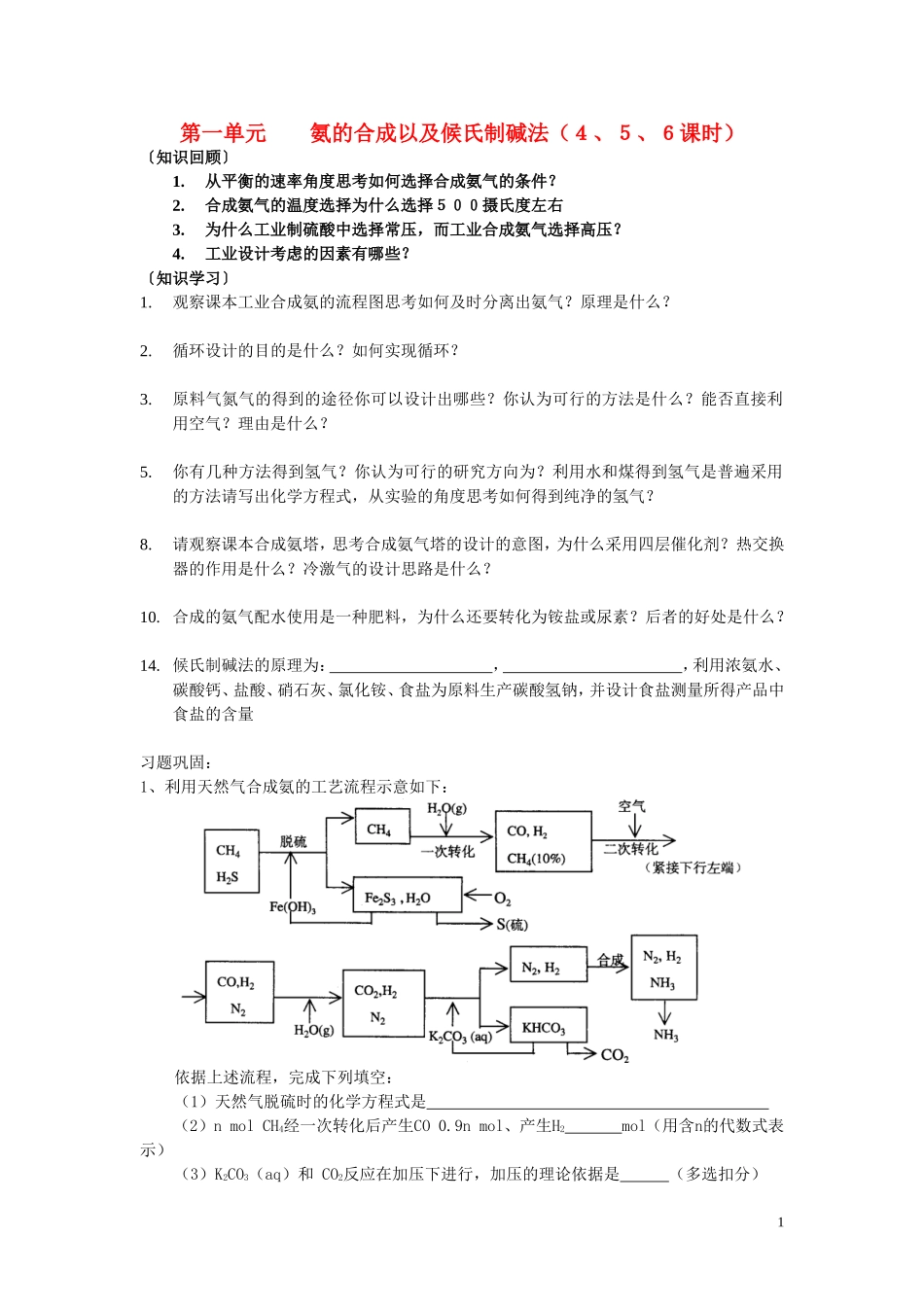 高中化学《化学与技术》专题二 第一单元 氨的合成教案 苏教版选修2-苏教版高二选修2化学教案_第1页