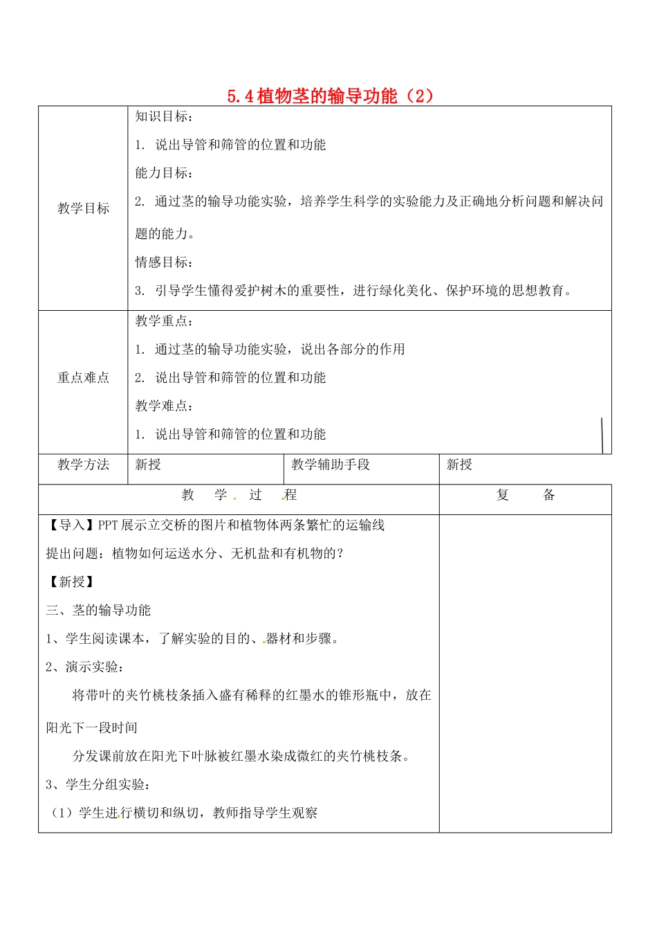 江苏省南京市上元中学七年级生物上册 5.4 植物茎的输导功能教案2 苏教版_第1页