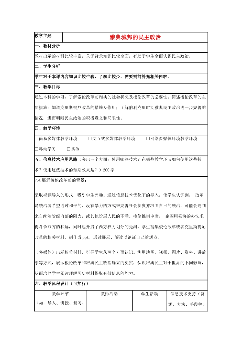 高中历史 第6课 雅典城邦的民主政治教案4 岳麓版必修1-岳麓版高一必修1历史教案_第1页