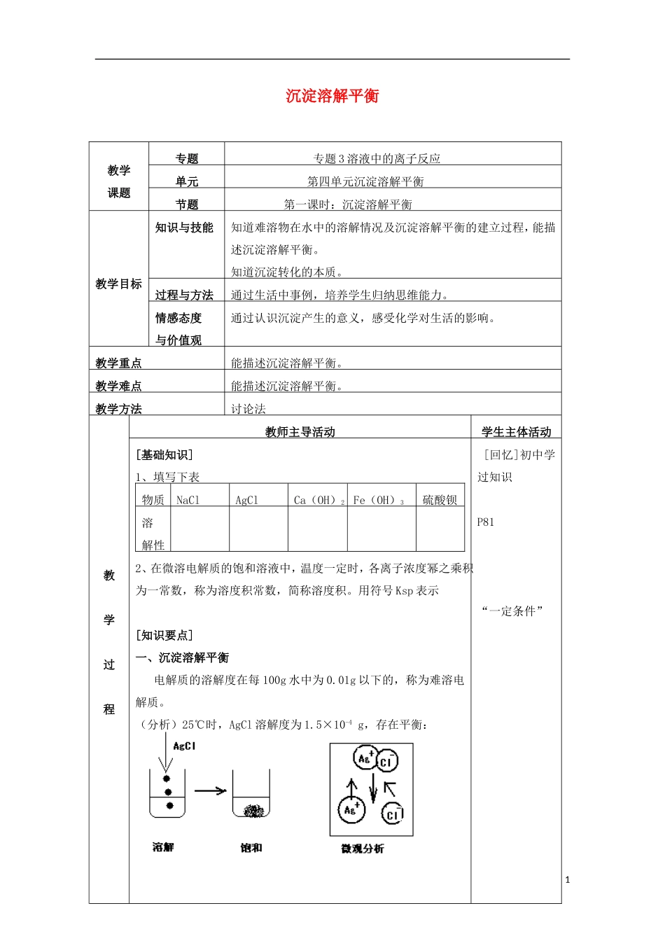 高中化学 《沉淀溶解平衡》教案2 苏教版选修4_第1页