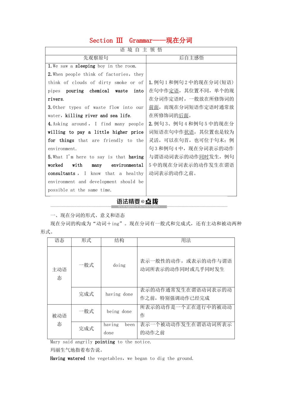 高中英语 Unit 2 The environment Section Ⅲ Grammar——现在分词教案（含解析）牛津译林版必修5-牛津版高二必修5英语教案_第1页
