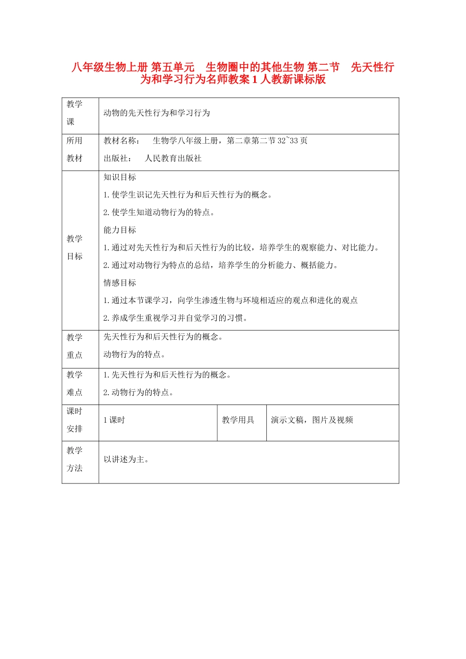 八年级生物上册 第五单元　生物圈中的其他生物 第二节　先天性行为和学习行为名师教案1 人教新课标版_第1页