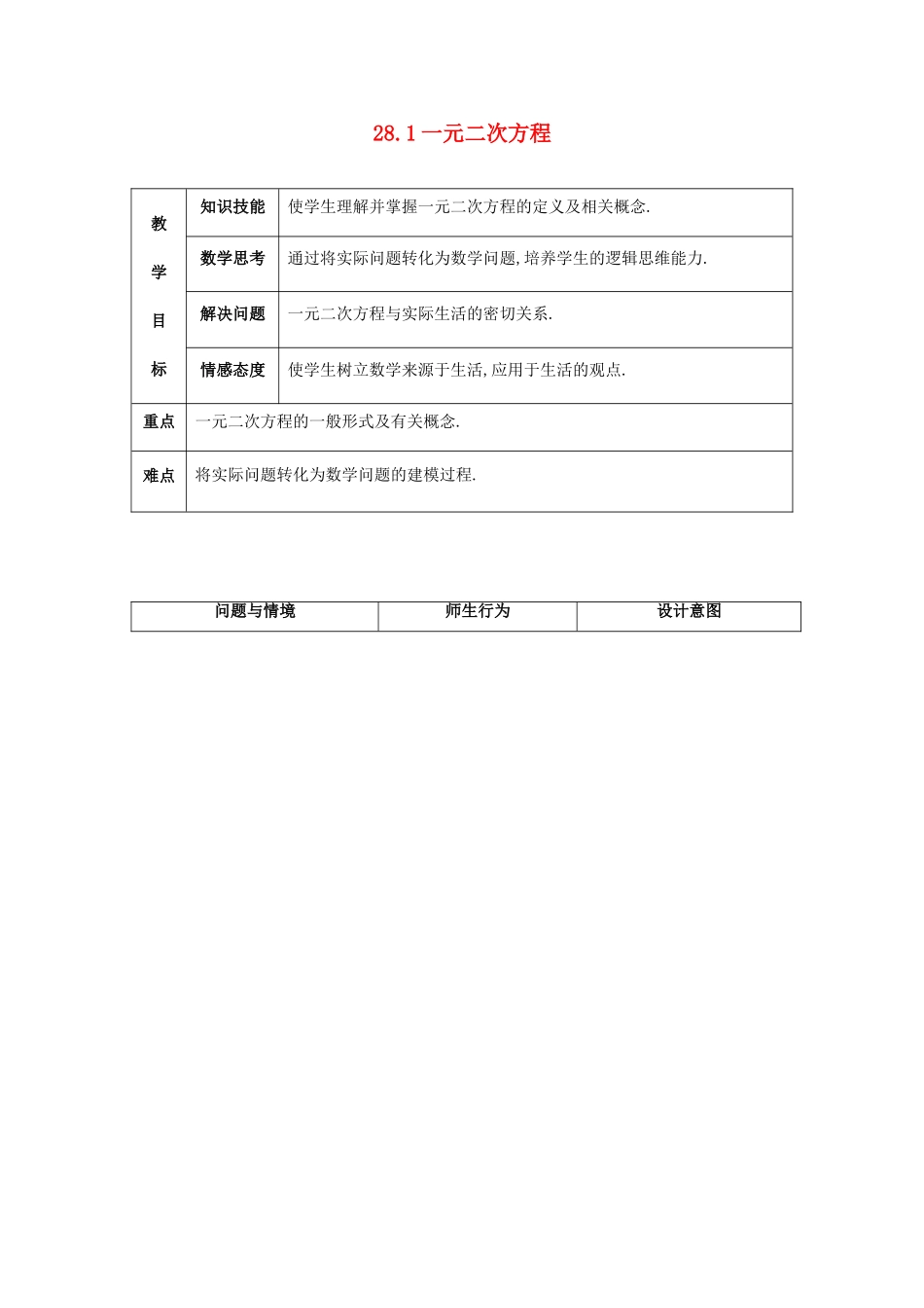 九年级数学上册 第二十八章 一元二次方程 28.1 一元二次方程 名师教案1 冀教版_第1页