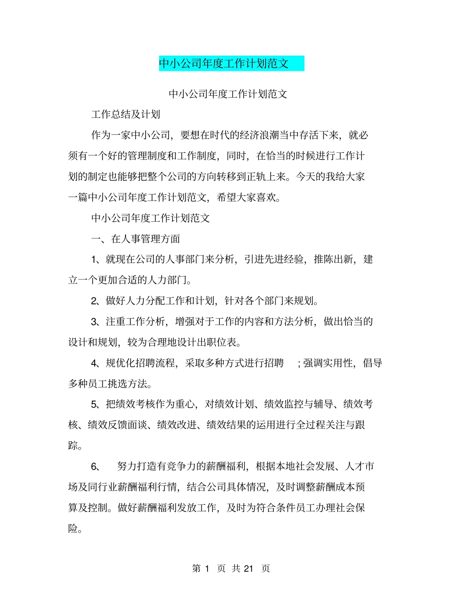 中小公司年度工作计划范文_第1页