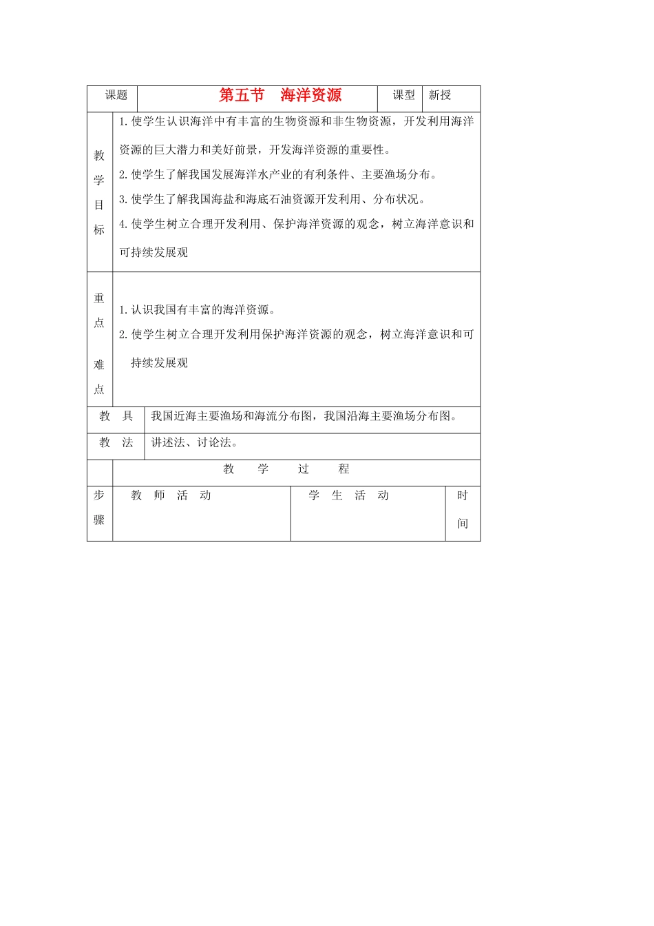 八年级地理上册 中国的海洋资源教案2 湘教版_第1页