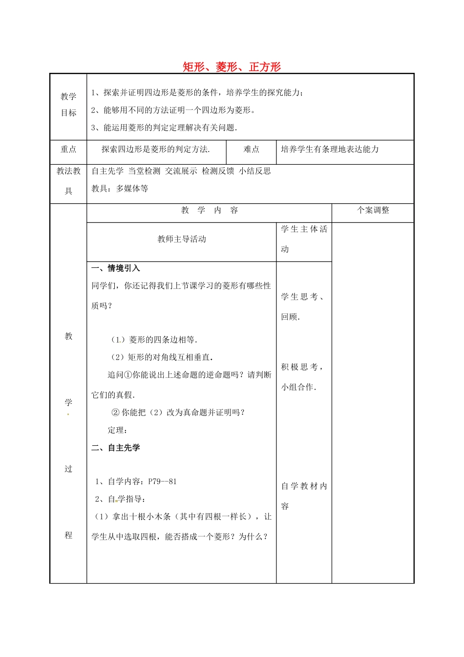 江苏省徐州市新沂市踢球山乡八年级数学下册 第九章 中心对称图形—平形四边形 9.4 矩形、菱形、正方形（4）教案 （新版）苏科版-（新版）苏科版初中八年级下册数学教案_第1页