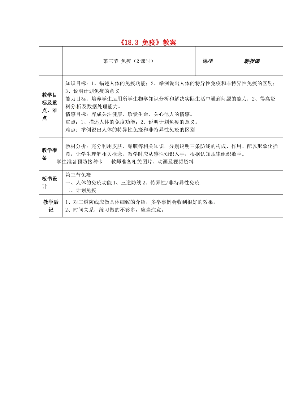 江苏省东台市唐洋镇中学八年级生物上册《18.3 免疫》教案 苏教版_第1页