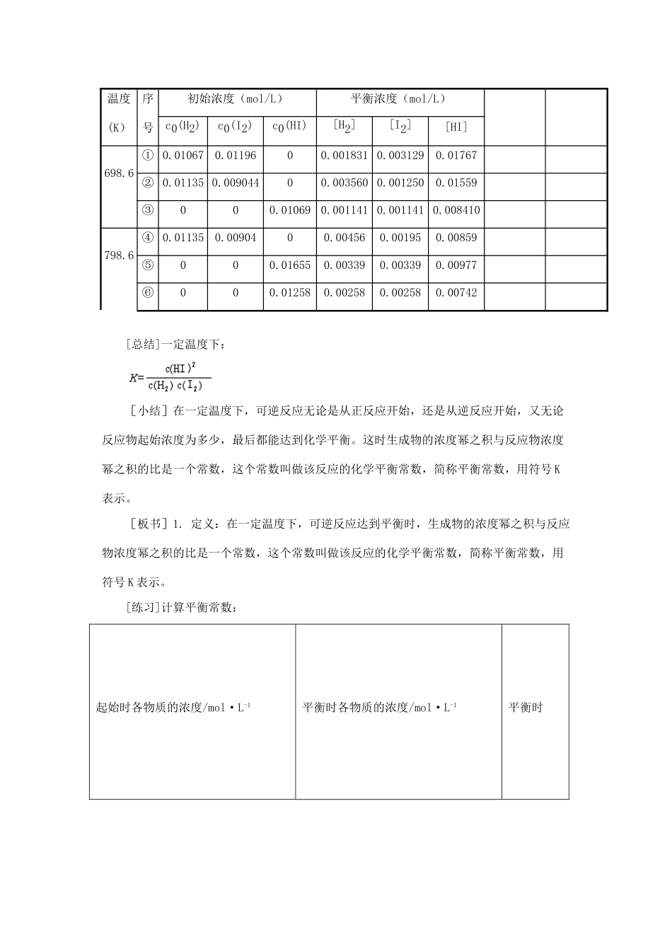 高中化学 第二章 化学反应速率和化学平衡 2.3.3 化学平衡常数教案 新人教版选修4-新人教版高二选修4化学教案_第2页