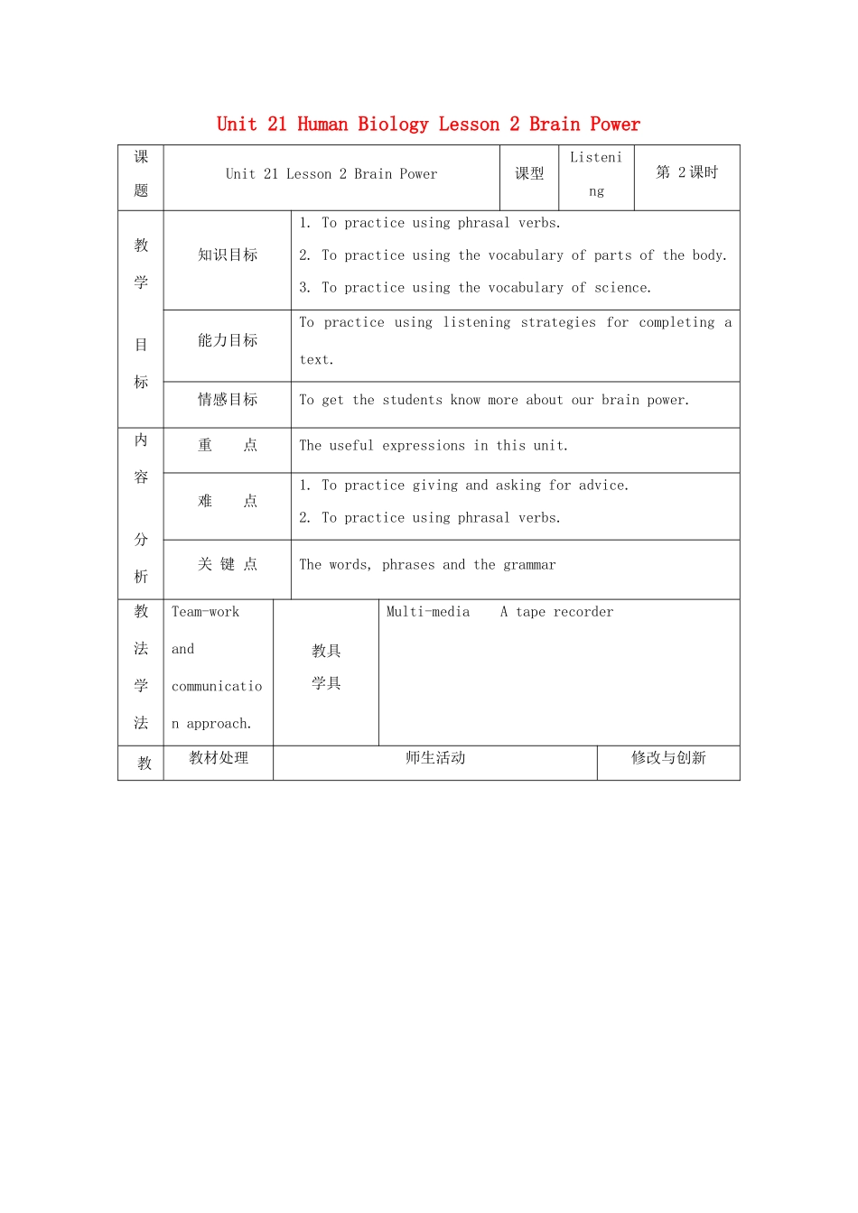高中英语 Unit 21 Human Biology Lesson 2 Brain Power教案 北师大版选修7-北师大版高二选修7英语教案_第1页