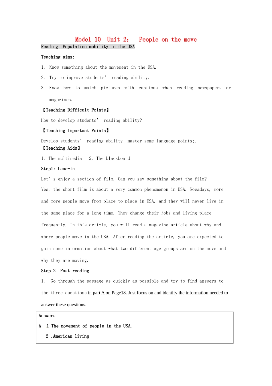 高中英语 Unit2 People on the move Reading  Population mobility in the USA教案 牛津译林版选修10-牛津版高二选修10英语教案_第1页