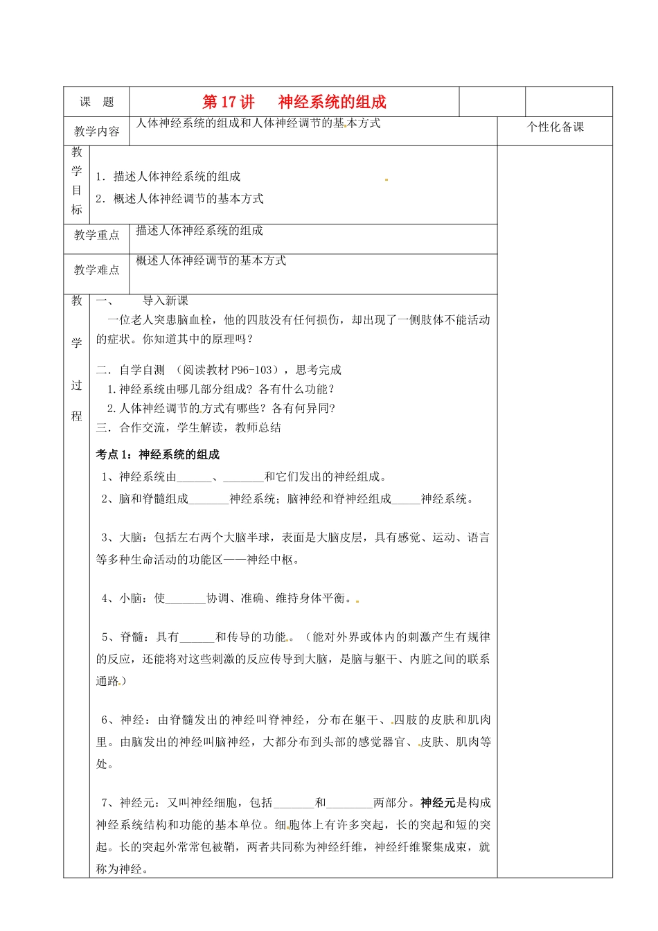 湖南省茶陵县世纪星实验学校八年级生物复习《第17讲   神经系统的组成》教案 人教新课标版_第1页