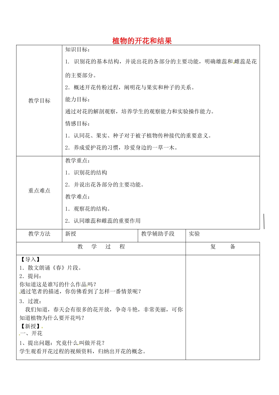 江苏省南京市上元中学七年级生物上册 5.5 植物的开花和结果教案1 苏教版_第1页