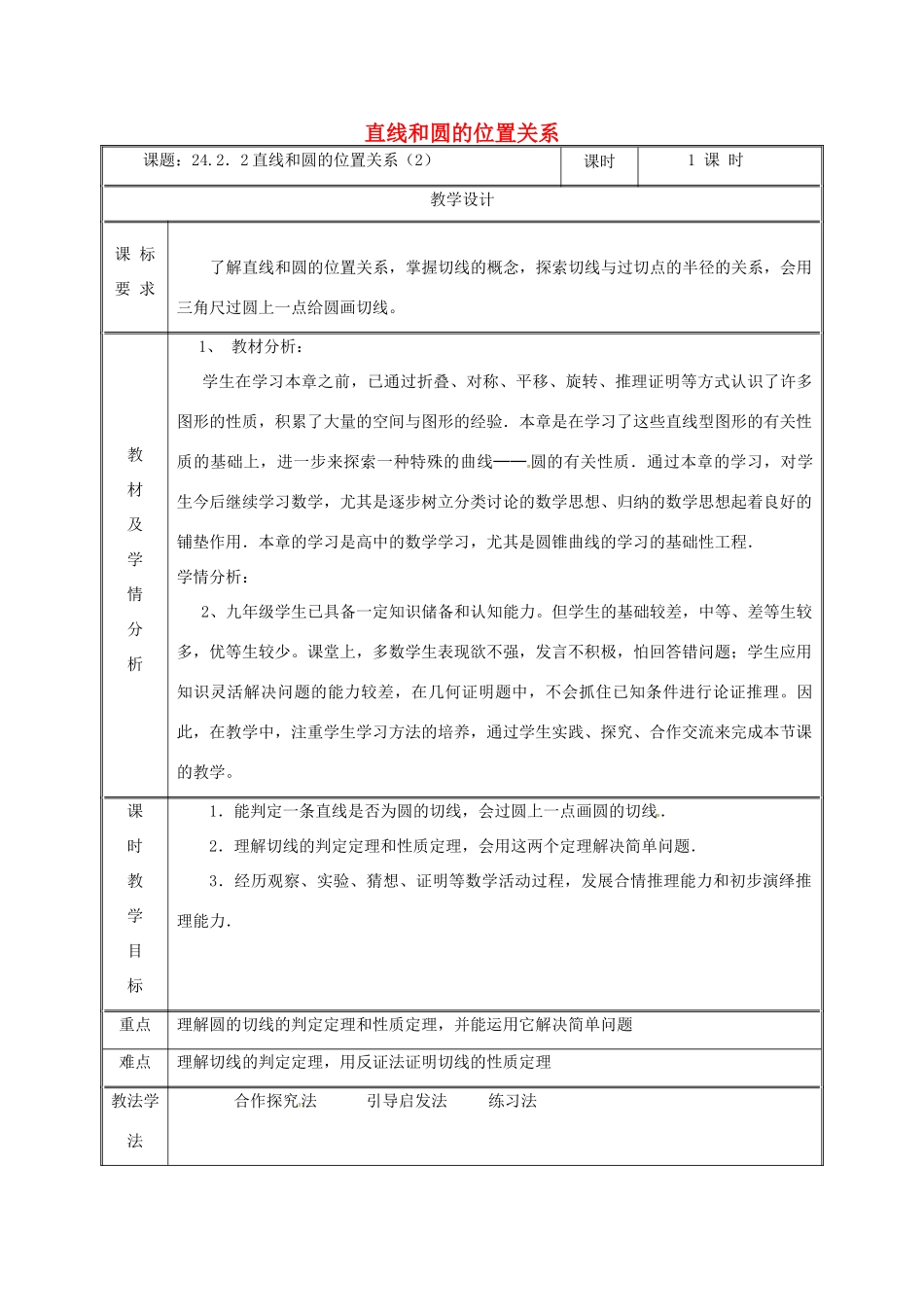 湖南省益阳市资阳区迎丰桥镇九年级数学上册 第二十四章 圆 24.2 点和圆、直线和圆的位置关系 24.2.2 直线和圆的位置关系（2）教案 （新版）新人教版-（新版）新人教版初中九年级上册数学教案_第1页